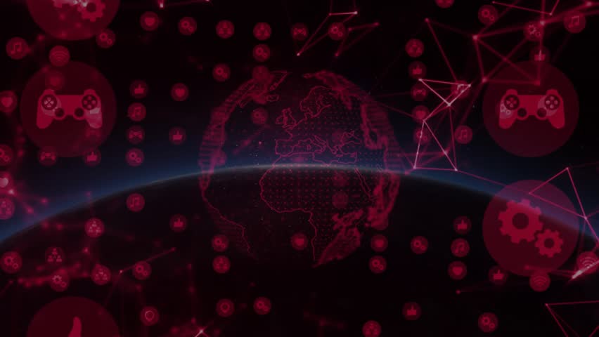 Opening dark space, red nodes floating outlining globe, UI icons animating showing global network. Technology, cybersecurity, data visualization, digital networks, futuristic, innovation, interface - Powered by Shutterstock - Get 15% off with code: PIKWIZARD15