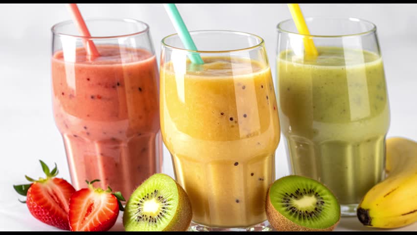 Three glasses of vibrant fruit smoothies, one pink, one orange, and one green, are garnished with fresh strawberries, kiwi slices, and a banana.
