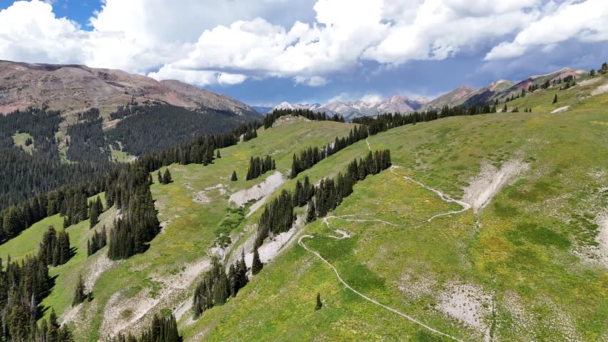 Aerial View of Picturesque Landscape on Sunny Summer Day, Elk Mountains Hills and Hiking Trails, Colorado USA