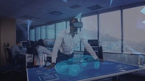 Design engineer leaning over table wearing VR headset initiating car shaping into globe for design. Technology, innovation, collaboration, futuristic, digital, architecture, creativity - Powered by Shutterstock - Get 15% off with code: PIKWIZARD15