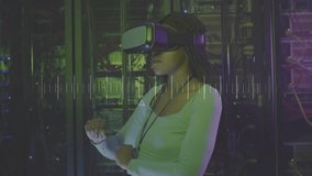 woman wearing VR headset raising hand and syncing holographic bars indicating server performance. Futuristic, immersive, technology, innovation, digital, cybersecurity, interface - Powered by Shutterstock - Get 15% off with code: PIKWIZARD15