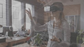 Developer settling VR headset raising hand in tech hub navigating holographic analytics and code. Virtual reality, holographic interface, futuristic technology, digital workspace, software - Powered by Shutterstock - Get 15% off with code: PIKWIZARD15