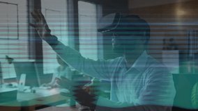 Man lifting VR headset and grabbing controller, activating 3D menu layers for office navigation. Futuristic, innovation, collaboration, technology, digital, immersive, communication - Powered by Shutterstock - Get 15% off with code: PIKWIZARD15