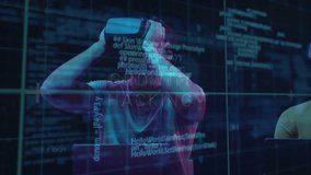 Colleagues raising VR headsets and exploring growth hacking code modules in dark tech workspace. Technology, innovation, digital, futuristic, collaboration, experimentation, modern - Powered by Shutterstock - Get 15% off with code: PIKWIZARD15