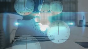 Woman stepping off ledge in fashion activating clock graphics with blue flare showing time passage. Urban, fashion, streetwear, minimalistic, conceptual, motion, digital - Powered by Shutterstock - Get 15% off with code: PIKWIZARD15