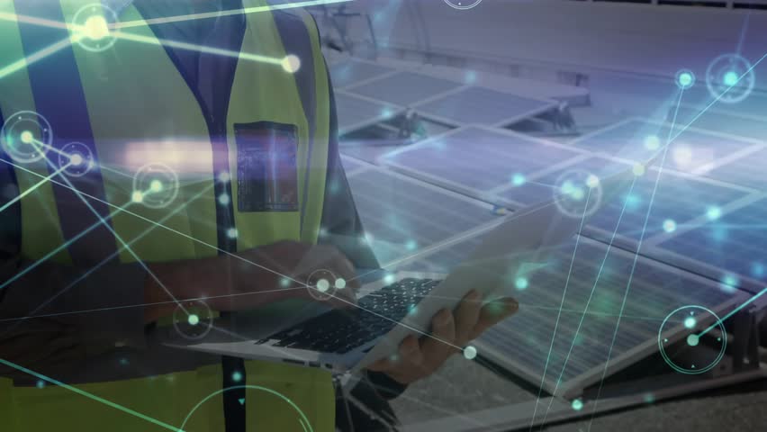 Technician typing on laptop over solar panels, activating glowing network nodes for live data check. Renewable, innovation, connectivity, technology, urban, sustainable, futuristic - Powered by Shutterstock - Get 15% off with code: PIKWIZARD15