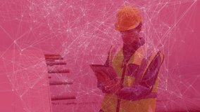 Site engineer tapping tablet, camera panning and inspecting stacked pipes near white cylinder. Industrial, technology, construction, engineering, automation, safety, infrastructure - Powered by Shutterstock - Get 15% off with code: PIKWIZARD15