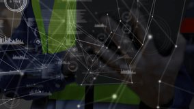 Factory worker tapping tablet highlighting analytics nodes donning hard hat and scanning machinery. Industrial, technology, infrastructure, innovation, digital, engineering, operations - Powered by Shutterstock - Get 15% off with code: PIKWIZARD15