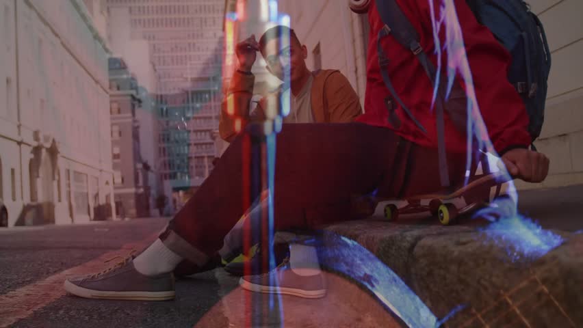 Skateboarder friends adjusting sunglasses as glitch-overlay singer appears, shaping music vibe. Urban, friendship, streetwear, casual, contemporary, dynamic, vibrancy