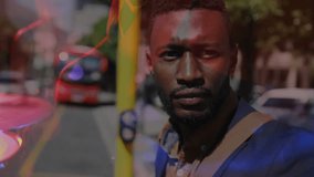 Tech demo showing commuter at pole shifting gaze as flares emerging and singer silhouette appearing. Urban, cityscape, transit, nightlife, abstract, vibrant, dynamic - Powered by Shutterstock - Get 15% off with code: PIKWIZARD15