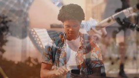 Male student tapping phone screen launching music app overlaying guitar strings spotting performer. Urban, vibrant, casual, entertainment, lifestyle, technology, performance - Powered by Shutterstock - Get 15% off with code: PIKWIZARD15