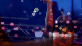 Blurred city lights evolving into music stage, performer stepping singing into mic engaging crowd. Urban, nightlife, performance, stage, entertainment, vocalist, lighting - Powered by Shutterstock - Get 15% off with code: PIKWIZARD15