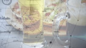 After one second network overlay starting above beer glass and coffee mug mapping beverage data. Digital, beverage, visualization, geometric, data, network, analysis - Powered by Shutterstock - Get 15% off with code: PIKWIZARD15