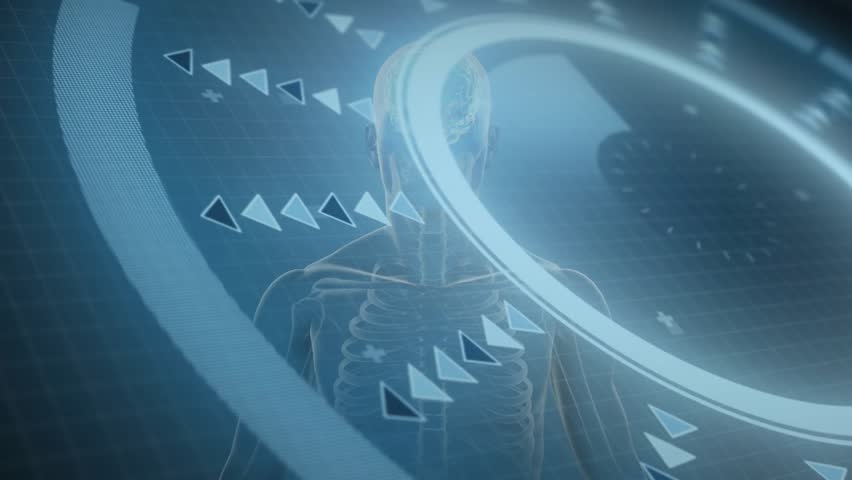 ring sweeping, arrows animating, model rotating, brain pulsing for visualizing anatomical data. Futuristic, science, technology, biomedical, visualization, digital, innovation