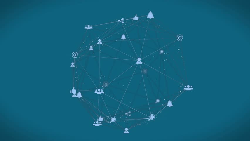 On start globe with expanding network icons on teal background rotating showing global connectivity. Technology, connectivity, digital, communication, global, network, cyberspace