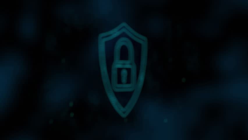Holographic shield fading, glitch lines sweeping, hand tracing lock visualizing security emblem. Cybersecurity, digital, futuristic, protection, technology, innovation, hologram