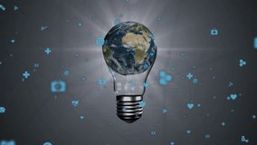 After bulb appearing, globe rotating while blue icons swirling to show global health. Technology, innovation, digital, sustainability, connectivity, healthcare, global - Powered by Shutterstock - Get 15% off with code: PIKWIZARD15