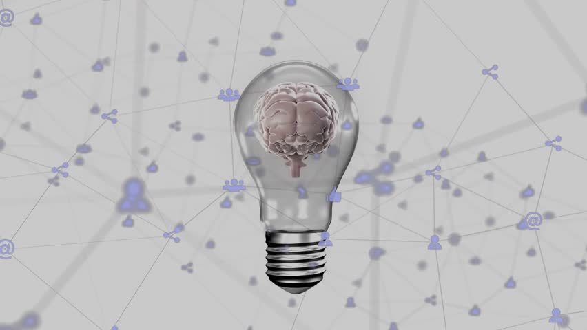 Initial light bulb appearing triggers brain rotating while icons pulse, showing network dynamics. Innovation, connectivity, neuroscience, digital technology, collaboration, data visualization, cyber - Powered by Shutterstock - Get 15% off with code: PIKWIZARD15