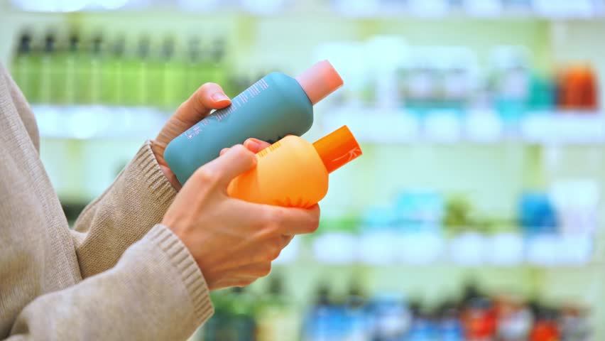 Close-up of female hands comparing cosmetic bottles in a beauty store. Woman reading label and checking ingredients while choosing haircare or body care product. Concept of conscious retail shopping.