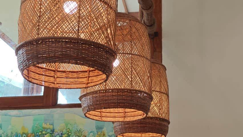 Bamboo woven lamp hanging from the ceiling