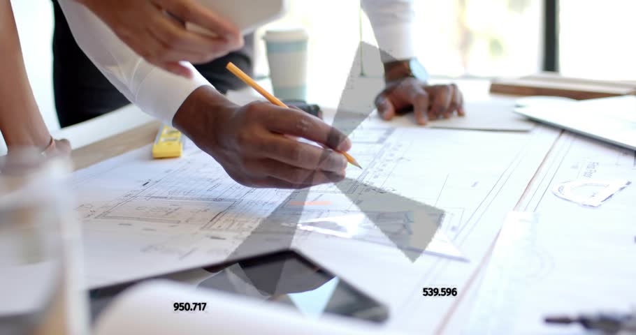 Designers picking pencil and drawing blueprint lines for accuracy while radial overlay expanding. Collaboration, precision, architecture, technical, creative, modern, workplace