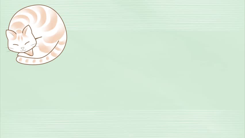 A cat curled up asleep like an ammonite with a paw-print step background frame illustration video. Loopable.
