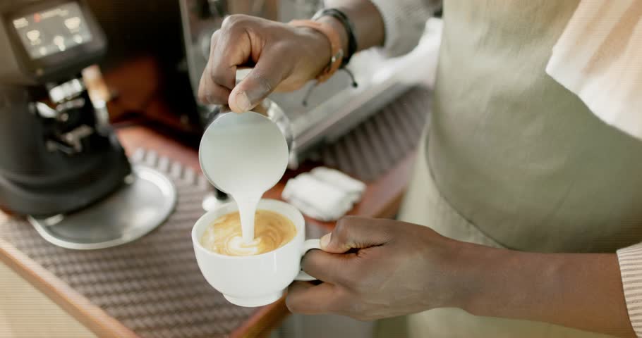 Cafe barista tilting pitcher pouring milk into espresso cup glitching color bands sculpting rosette. Barista, latte art, beverage, cafes, barista tools, craftsmanship, vibrant