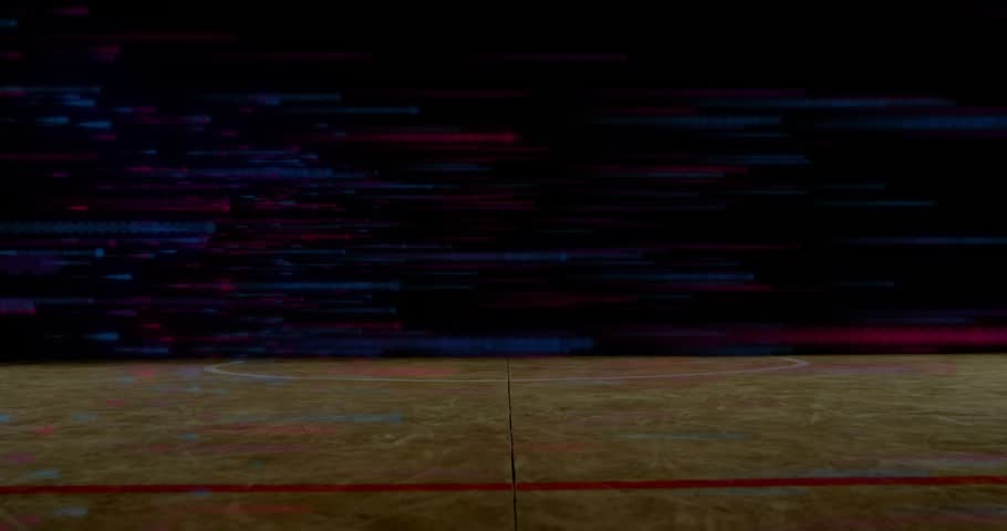 Upon basketball bouncing from glitch backdrop athlete entering court dribbling toward hoop for dunk. Dynamic, athleticism, spectacle, performance, competitive, digital, modern