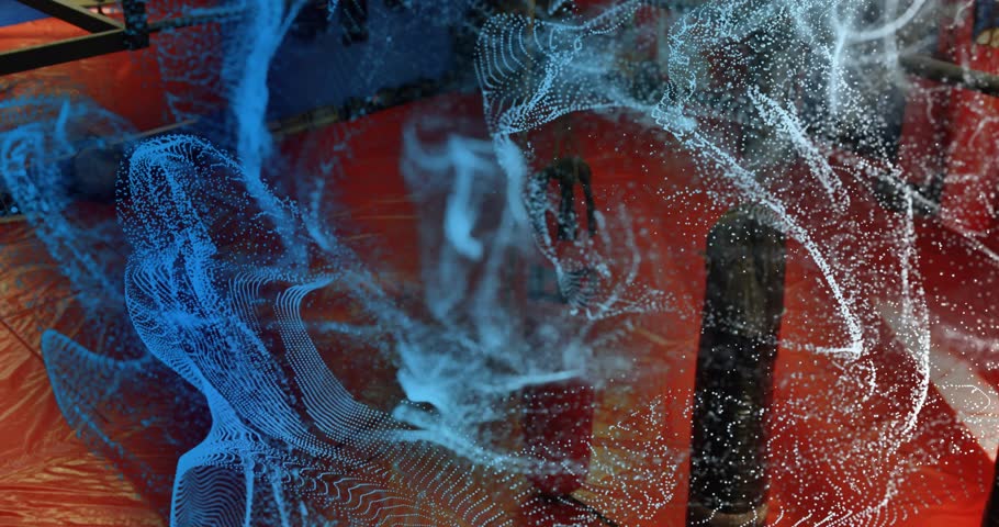 Pale blue ribbon forming drifting, white cloud swirling around bag then dissipating revealing gym. Dynamic, abstract, energized, futuristic, digital, motion, vibrant