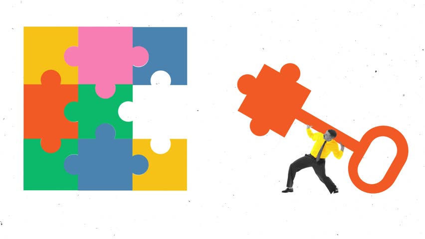 Modern ad video with businessman carrying puzzle piece key for missing gap in colorful board. Concept of strategy fit, solution finding, analysis, leadership, and unlocking growth. - Powered by Shutterstock - Get 15% off with code: PIKWIZARD15
