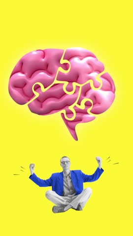 Creative video ad. Man meditating under pink brain puzzle on yellow background. Concept of psychology, therapy, mindfulness, emotional healing, self-integration and cognitive awareness.