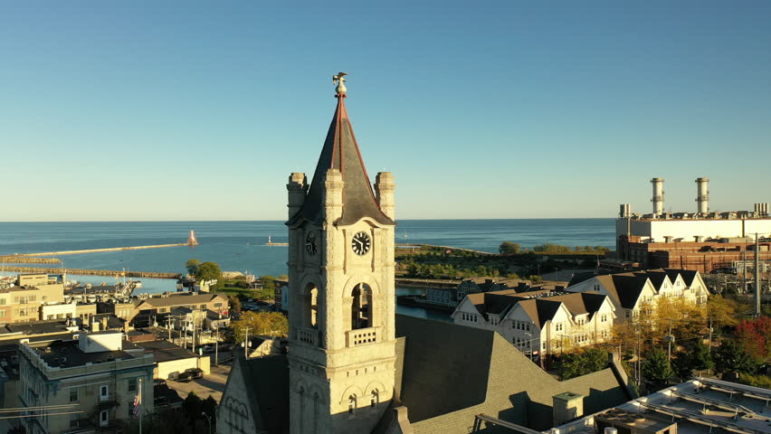 Establishing shot of Port Washington, Wisconsin. Aerial view