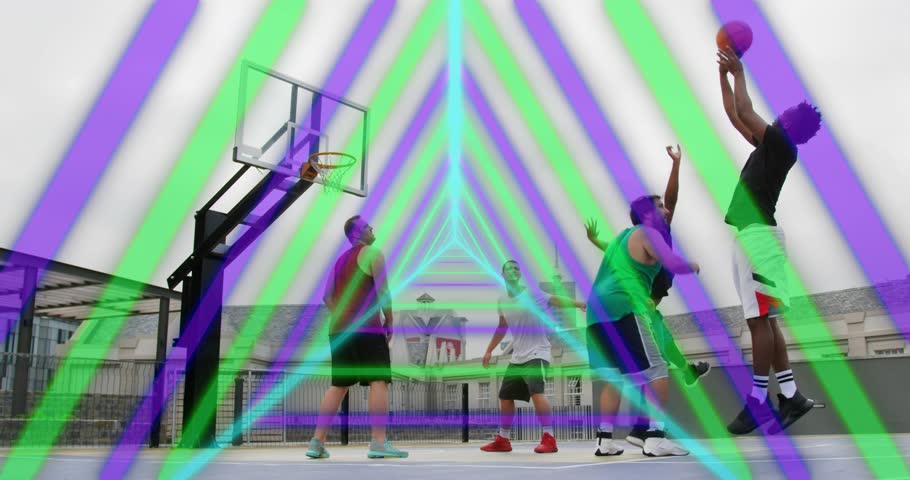 Dunker charging, slamming dunk after jump shot on rooftop court, scoring with neon beams for sports. Action, teamwork, urban, sporty, vibrant, energetic, competitive