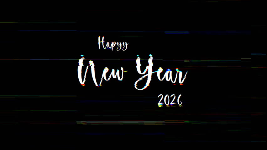 Happy New Year 2026 in white script with VHS style glitch, RGB shift, scanlines and static on black background. Modern retro holiday title. 4K video
