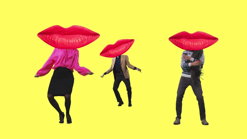 Creative video ad. Group of surreal dancing people with giant red mouths on blue and yellow background. Concept of communication, expression, humor, advertising and pop culture art.