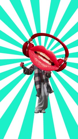Eye-catching ad. Dancing character with giant lips in headphones on blue and green rays background. Concept of music, communication, joy, pop art and digital creativity.