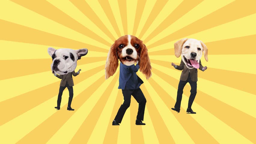 Playful stop motion. Dancing group of people with dog heads on yellow rays background. Concept of identity, humor, pop art, playful imagination and creative expression.
