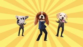 Playful stop motion. Dancing group of people with dog heads on yellow rays background. Concept of identity, humor, pop art, playful imagination and creative expression. - Powered by Shutterstock - Get 15% off with code: PIKWIZARD15