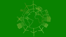 Animated linear golden icon of green energy city on circle planet. Line symbol. Concept of Sustainability, environment, renewable energy, green technology. Illustration isolated on green background.  - Powered by Shutterstock - Get 15% off with code: PIKWIZARD15