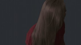 Streaming binary code and orbs overlay initiating model rotating hair and laughing for tech demo. Futuristic, digital, abstract, vibrant, dimension, innovation, technology - Powered by Shutterstock - Get 15% off with code: PIKWIZARD15