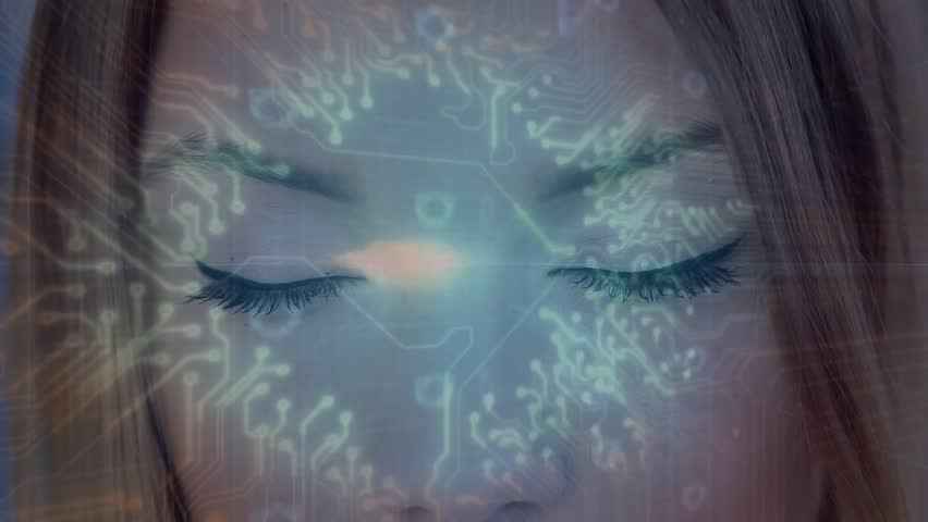 Woman closing eyes activating circuits vortex opening eyes revealing shield boosting tech trust. Futuristic, cyber, innovation, digital, immersive, abstract, technology - Powered by Shutterstock - Get 15% off with code: PIKWIZARD15