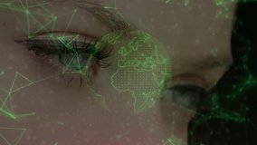 Female holding gaze in tech, 3D globe emerging before eye, rotating network lines visualizing data. Cybersecurity, data visualization, digital matrix, innovation, modern technology, futurism, - Powered by Shutterstock - Get 15% off with code: PIKWIZARD15