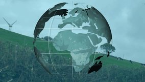 Digital globe appearing then rotating eastward over hill with turbines showing energy flow. Earth, global, renewable, sustainability, technology, environmental, innovation - Powered by Shutterstock - Get 15% off with code: PIKWIZARD15
