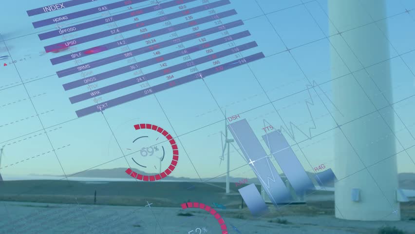 See-through dashboard overlaying hills, rabbit icon drifting, turbine rotating showing data output. Data visualization, renewable energy, analytics, technology, sustainability, minimalist, climate - Powered by Shutterstock - Get 15% off with code: PIKWIZARD15