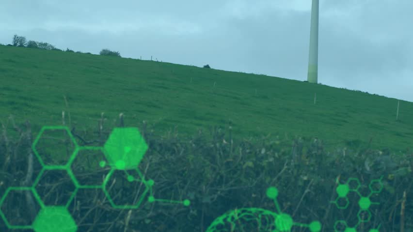 Molecular hexagons fading initiating code scrolling and brain merging into holography over turbine. Renewableenergy, digitalinterface, futuristic, visualization, technology, sustainability, dataart - Powered by Shutterstock - Get 15% off with code: PIKWIZARD15