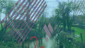 Data overlay sliding in from upper-left shifting charts percentages showing metrics over stream. Analytics, data visualization, information, digital interfaces, infographic, rural landscape, - Powered by Shutterstock - Get 15% off with code: PIKWIZARD15