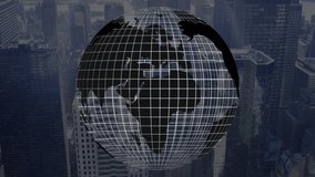 At start rotating wireframe globe clockwise while red mist swirling illustrating global data flow. Digital, futuristic, abstract, connectivity, urban, technology, innovation - Powered by Shutterstock - Get 15% off with code: PIKWIZARD15