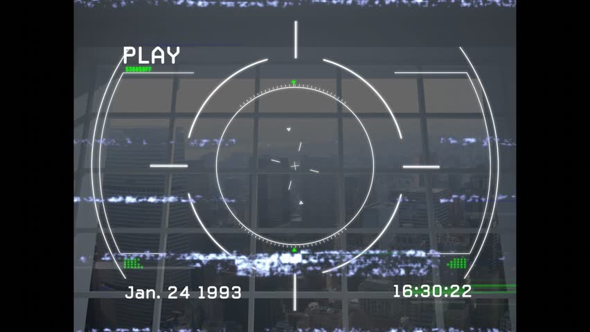 On PLAY starting, reticle pulsing, timestamp updating, glitch bars drifting for tracking timecode. Urban, technology, digital, surveillance, dystopian, futuristic, glitch