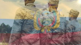 Military troops in camo standing, flag overlay appearing and soldier saluting flag in sunlight. Patriotism, discipline, camaraderie, ceremony, outdoor, valor, unity - Powered by Shutterstock - Get 15% off with code: PIKWIZARD15