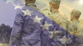 Three soldiers receiving command and raising salute under waving flag overlay during military event. Military, discipline, patriotism, unity, honor, structure, valor - Powered by Shutterstock - Get 15% off with code: PIKWIZARD15